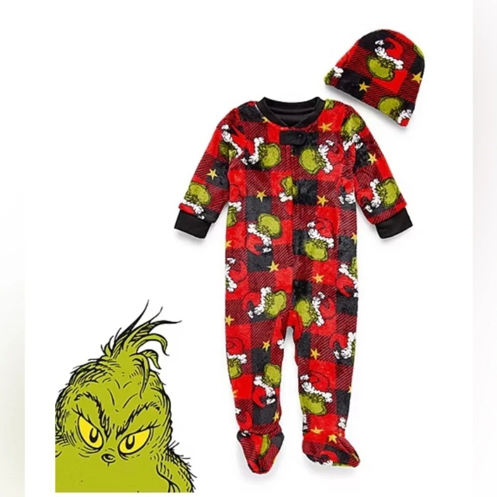 Infants Dr. Seuss Grinch Size 3 Months  Microfleece Long Sleeve Footed Pajamas.